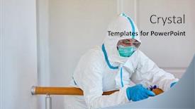  Presentation with clothing - PPT theme consisting of cleaner-in-protective-clothing-disinfects background and a light gray colored foreground