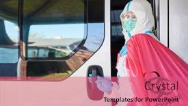  Presentation with hazardous waste - Slide set consisting of cleaner-in-protective-clothing-transports background and a coral colored foreground