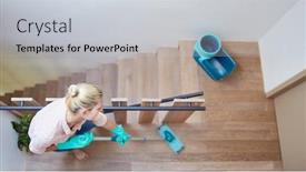  Presentation with cleaning - Colorful presentation theme enhanced with cleaner or cleaning lady with mop while cleaning in the stairwell backdrop and a light gray colored foreground