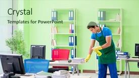  Presentation with professional portfolio - Beautiful presentation design featuring cleaner working in the office backdrop and a soft green colored foreground