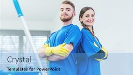  Presentation with cleaning service excel - Cool new theme with cleaners-being-proud backdrop and a light blue colored foreground