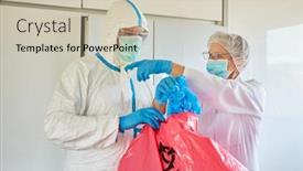  Presentation with covid coronavirus - Cool new theme with cleaners-in-protective-clothing-dispose backdrop and a soft green colored foreground