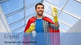  Presentation with rubber gloves - Presentation with cleaning-and-people-concept-happy background and a teal colored foreground