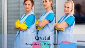  Presentation with office cleaning - PPT theme having cleaning brigade working in office background and a light blue colored foreground