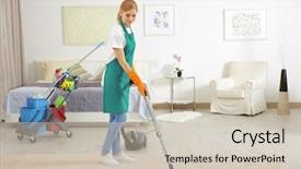  Presentation with floor care and cleaning services - Presentation design with cleaning carpet with vacuum cleaner background and a soft green colored foreground