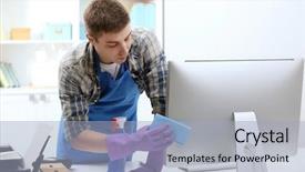  Presentation with office cleaning - Presentation consisting of cleaning computer monitor in office background and a  colored foreground