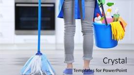  Presentation with cleaning services - Beautiful PPT theme featuring cleaning concept woman with floor backdrop and a light blue colored foreground