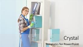  Presentation with office cleaning - Colorful slide deck enhanced with cleaning concept young woman cleaning backdrop and a  colored foreground