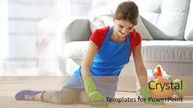  Presentation with carpet - Amazing PPT layouts having cleaning concept young woman cleans backdrop and a coral colored foreground
