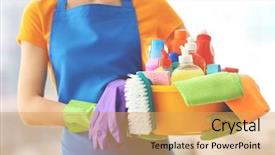  Presentation with cleaning - Beautiful PPT theme featuring cleaning concept young woman holds backdrop and a yellow colored foreground