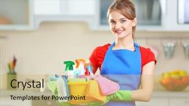  Presentation with cleaning services - Presentation with cleaning concept young woman holds background and a yellow colored foreground