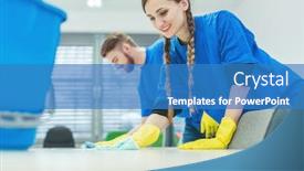  Presentation with office cleaning - PPT theme having cleaning-crew-wiping-desks background and a teal colored foreground