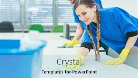 Presentation with office cleaning - PPT layouts featuring cleaning-crew-wiping-desks background and a light blue colored foreground