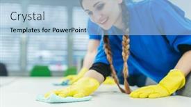  Presentation with office cleaning - Slide deck with cleaning-crew-wiping-desks background and a light blue colored foreground