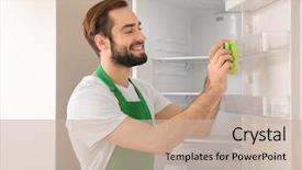  Presentation with refrigerator - Presentation theme consisting of cleaning empty refrigerator in kitchen background and a  colored foreground