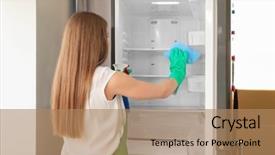  Presentation with refrigerator - Beautiful presentation design featuring cleaning empty refrigerator in kitchen backdrop and a coral colored foreground