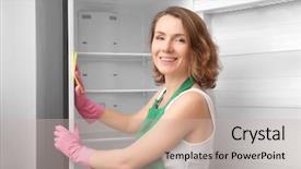 Presentation with refrigerator - Audience pleasing PPT theme consisting of cleaning empty refrigerator in kitchen backdrop and a soft green colored foreground