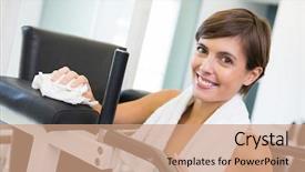  Presentation with gym - Theme consisting of cleaning equipment - fit brunette wiping down bench background and a coral colored foreground