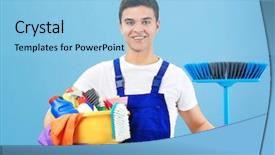  Presentation with plastic bales at the waste - Slides having cleaning equipment - man holding plastic basin background and a light blue colored foreground