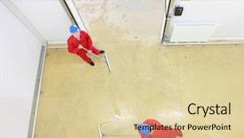  Presentation with industrial workers - PPT theme with uniforms and blue hardhats cleaning background and a lemonade colored foreground