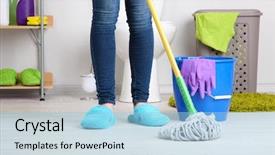  Presentation with room cleaning - Cool new slide set with cleaning floor in room close backdrop and a light blue colored foreground