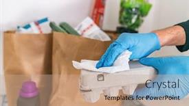  Presentation with online grocery - Presentation enhanced with cleaning-groceries-man-at-home background and a coral colored foreground