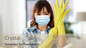  Presentation with rubber gloves - Colorful theme enhanced with cleaning-health-and-hygiene-concept backdrop and a coral colored foreground