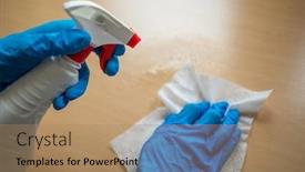  Presentation with office cleaning - Slide deck having cleaning-home-office-table-sanitizing background and a coral colored foreground