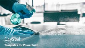  Presentation with spray - Slide deck consisting of cleaning-home-table-sanitizing-kitchen background and a teal colored foreground