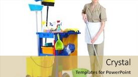  Presentation with cleaning - Beautiful theme featuring cleaning industrial - cleaner maid woman with mop backdrop and a yellow colored foreground