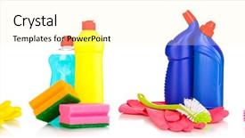  Presentation with cleaning - Cool new slide deck with cleaning items isolated on white backdrop and a blonde colored foreground