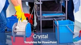  Presentation with mopping - Presentation theme enhanced with cleaning ladies mopping floor close background and a ocean colored foreground