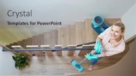  Presentation with cleaning - Audience pleasing PPT layouts consisting of cleaning-lady-cleaning-the-hallway backdrop and a light gray colored foreground