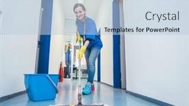  Presentation with office cleaning - PPT theme having cleaning-lady-mopping-the-floor background and a light blue colored foreground