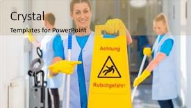  Presentation with danger - Audience pleasing PPT theme consisting of cleaning lady showing warning sign backdrop and a coral colored foreground