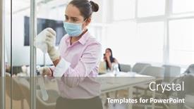  Presentation with office cleaning - Audience pleasing PPT theme consisting of cleaning-lady-with-face-mask backdrop and a gray colored foreground