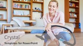  Presentation with room cleaning - Cool new PPT theme with cleaning-lady-with-hand-vacuum backdrop and a soft green colored foreground