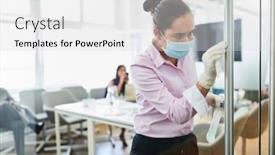  Presentation with disinfectant - Amazing presentation theme having cleaning-lady-with-mouthguard backdrop and a light gray colored foreground