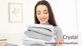  Presentation with cleaning day - Presentation theme with cleaning materials - woman holding stack of clean background and a lemonade colored foreground