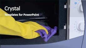  Presentation with cleaning - Slide deck featuring cleaning microwave oven in kitchen background and a black colored foreground
