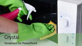  Presentation with custodial cleaning - Theme consisting of cleaning microwave oven in kitchen background and a  colored foreground
