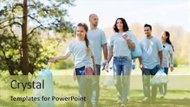  Presentation with group of people silhouettes walking - Colorful slides enhanced with cleaning people and ecology concept backdrop and a yellow colored foreground