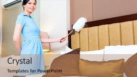  Presentation with room cleaning - Theme enhanced with cleaning personnel - chambermaid dusting in asian hotel background and a  colored foreground