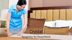  Presentation with room cleaning - Beautiful slides featuring cleaning personnel - chambermaid making bed in asian backdrop and a coral colored foreground