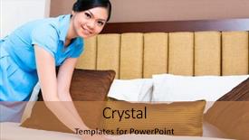  Presentation with heritage hotel - Theme enhanced with cleaning personnel - chambermaid making bed in asian background and a coral colored foreground