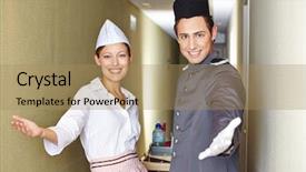  Presentation with hotel team - PPT theme with cleaning personnel - friendly service team in hotel background and a  colored foreground
