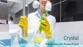  Presentation with toilet - PPT layouts having cleaning personnel - janitor woman or charlady background and a light blue colored foreground