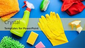  Presentation with household products - Presentation design consisting of cleaning products household chemicals spray brush sponge glove background and a yellow colored foreground