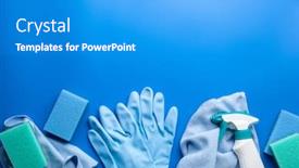  Presentation with household products - Colorful presentation design enhanced with cleaning products household chemicals spray brush sponge glove backdrop and a teal colored foreground