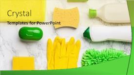  Presentation with household products - Cool new slides with cleaning-products-household-chemicals-spray backdrop and a yellow colored foreground
